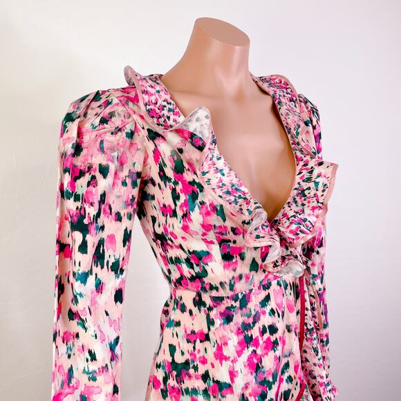 Rococo Sand Mimi Ruffle Trim Long Puff Sleeve Mini Wrap Dress Pink size XS NWT - Picture 4 of 14